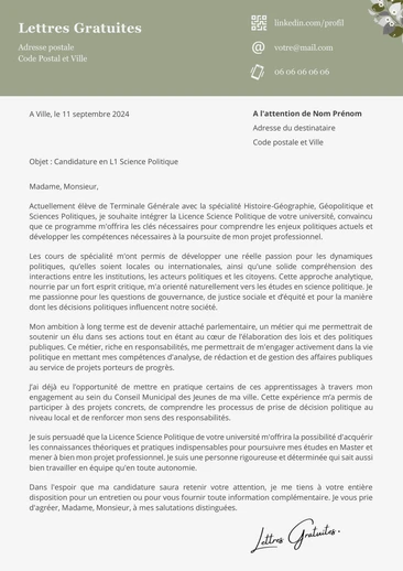 Une lettre de motivation pour la Licence Science Politique