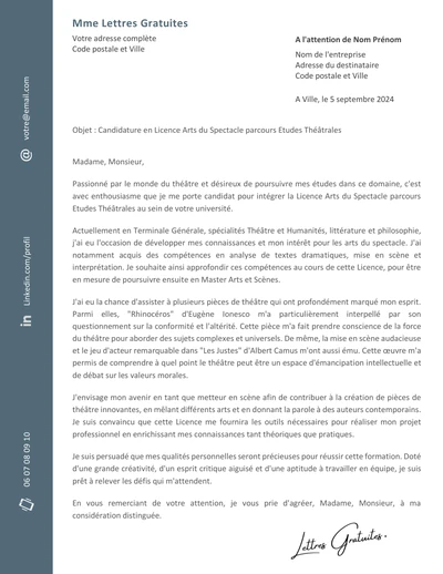 Une lettre de motivation pour la Licence Arts du Spectacle