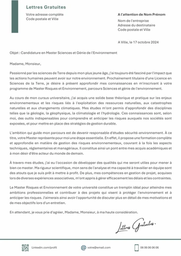 Une lettre de motivation pour un Master Risques et Environnement