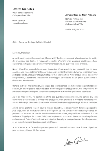 Une lettre de motivation d'une demande de stage dans une école