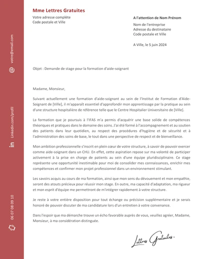 Une lettre de motivation d'une demande de stage d'une aide soignante