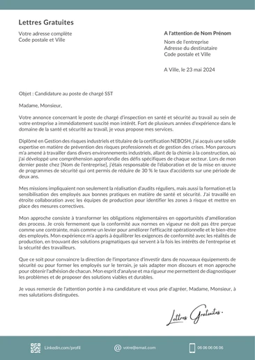 Une lettre de motivation d'un chargé SST