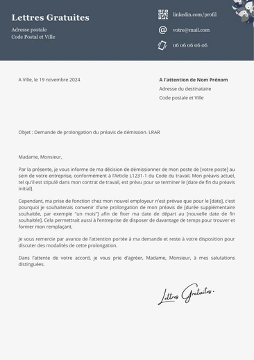 Une lettre pour reporter la date de fin de son préavis de démissio