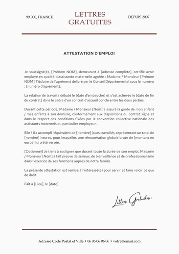Exemple d'attestation d'emploi d'une assistante maternelle