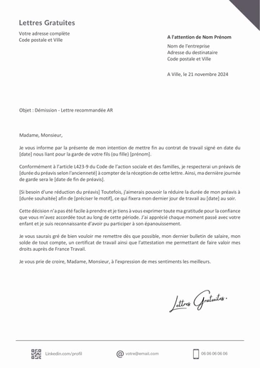 Une lettre de démission d'une assistante maternelle