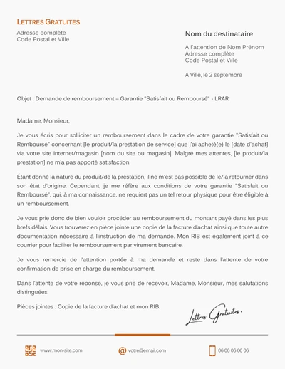 Une lettre pour obtenir le remboursement d'un achat (ODR)