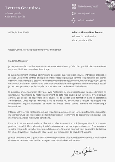 Une lettre de motivation d'un travailleur handicapé RQTH