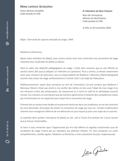 Une lettre de rupture d'un stage à l'amiable