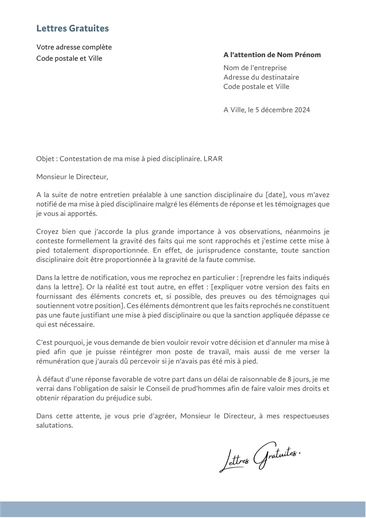 Une lettre pour contester une mise à pied