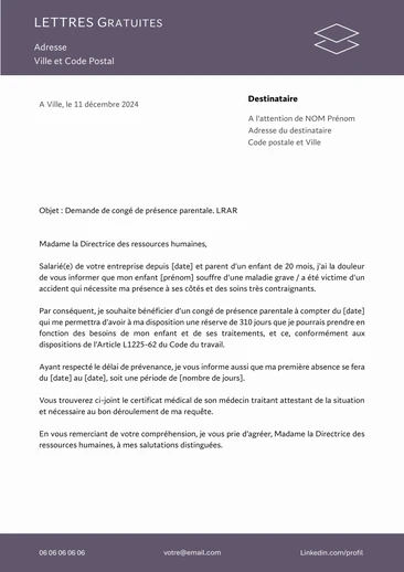 Une lettre pour demander un congé de présence parentale