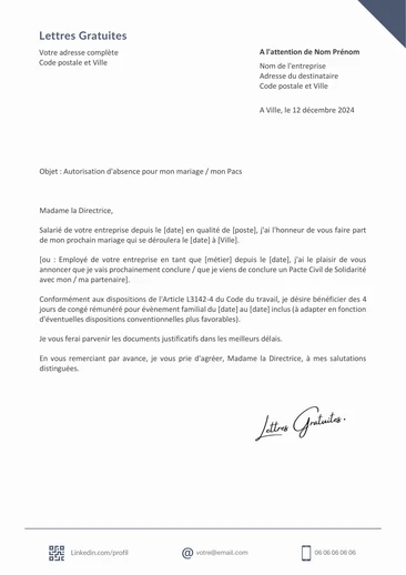 Une lettre de demande de congé pour un mariage