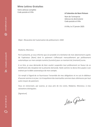 Une lettre d'annulation d'un prélèvement automatique