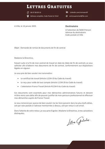 Une lettre pour demander à l'employeur ses documents de fin de contrat