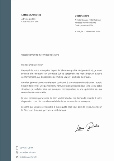 Une lettre de demande d'acompte sur salaire