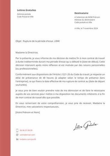 Une lettre de démission pendant la période d'essai