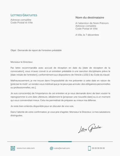 Lettre pour reporter l'entretien préalable à une sanction