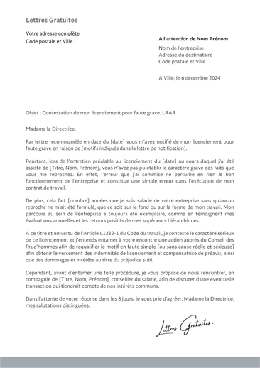 Une lettre pour contester un licenciement pour faute grave