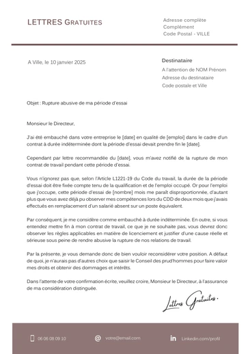 Une lettre de contestation d'une rupture de période d'essai