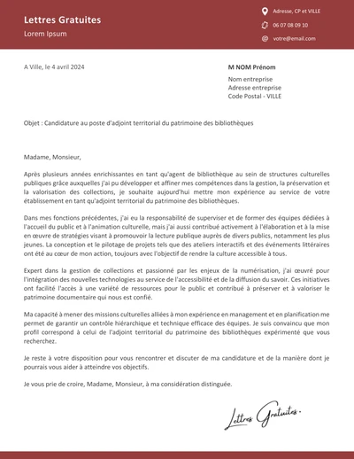 Une lettre de motivation d'un agent de médiathèque