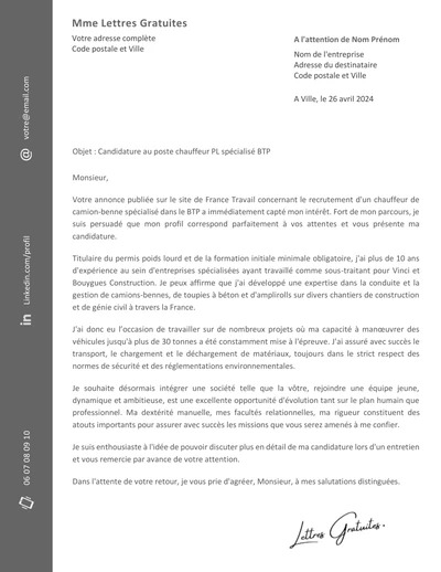 Une lettre de motivation d'un chauffeur BTP