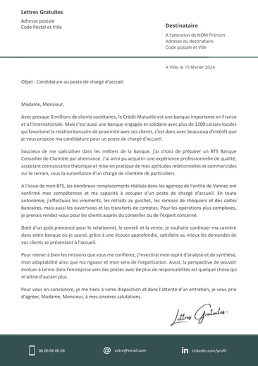 Une lettre de motivation d'un chargé d’accueil et services en banqu