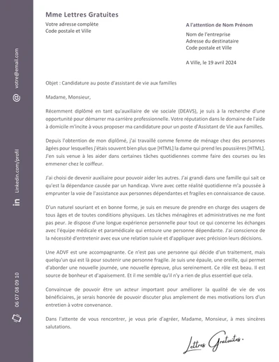 Une lettre de motivation d'un assistant de vie