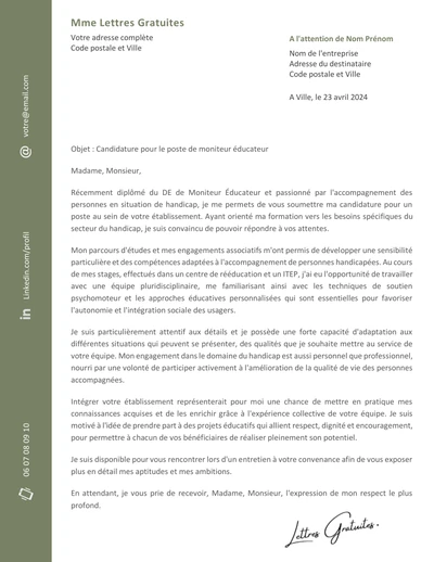 Une lettre de motivation d'un moniteur éducateur