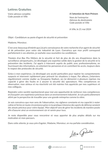 Une lettre de motivation d'un agent de sécurité