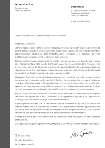 Une lettre de motivation d'un acheteur approvisionneur