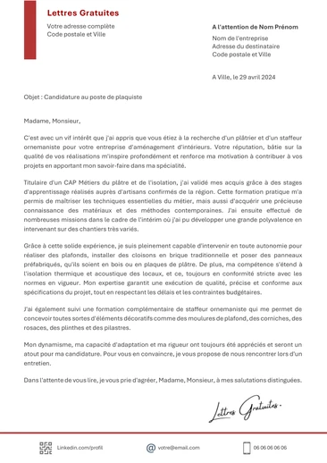 Une lettre de motivation d'un plâtrier plaquiste