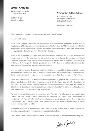 Une lettre de motivation d'un démonteur dépollueur automobile