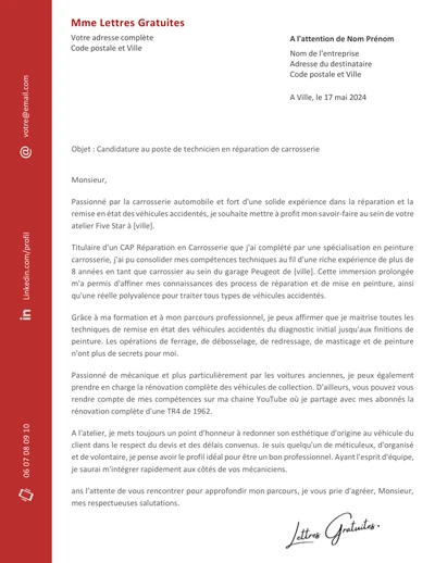 Une lettre de motivation d'un carrossier