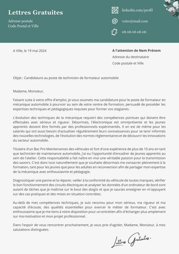 Une lettre de motivation d'un formateur automobile