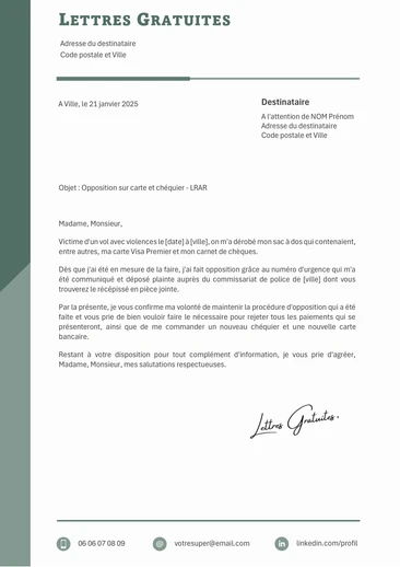 Une lettre de demande d'opposition après le vol ou la parte d'un moyen de