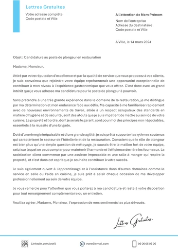 Une lettre de motivation d'un plongeur de restaurant