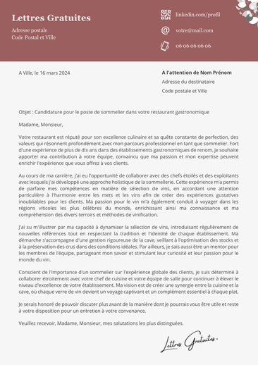 Une lettre de motivation d'un sommelier