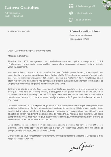 Une lettre de motivation d'une gouvernante