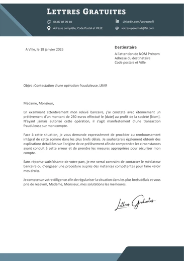 Une lettre de contestation d'une opération de son compte en banque