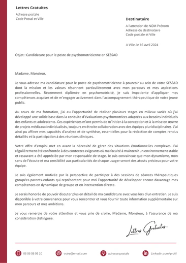 Une lettre de motivation d'un psychomotricien