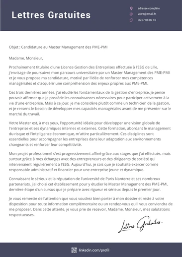 Une lettre de motivation pour un Master Management des PME-PMI