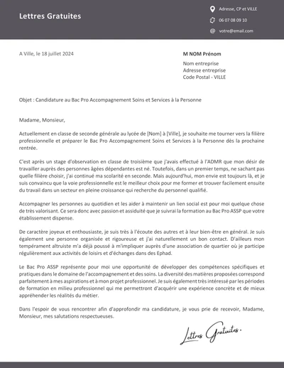 Une lettre de motivation pour le Bac Pro ASSP