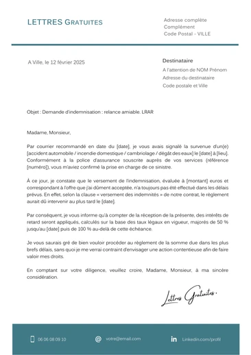 Une lettre de relance à l'assurance pour une indemnisation