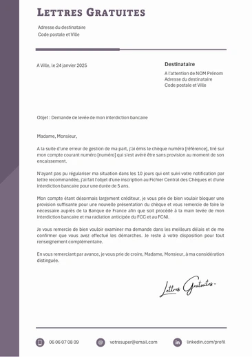 Une lettre pour demander la levée d'un interdit bancaire