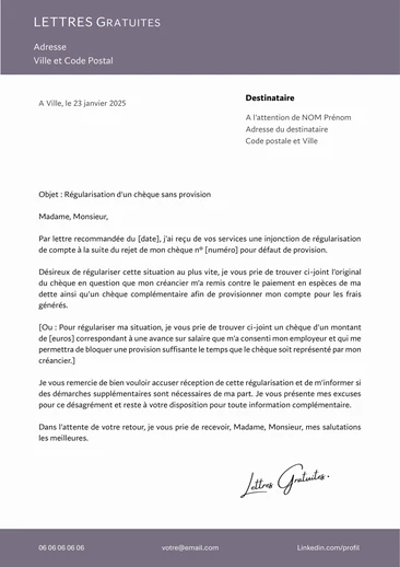 Une lettre de régularisation d'un chèque impayé