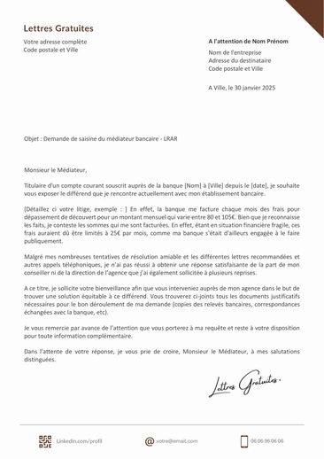 Une lettre au médiateur de la banque