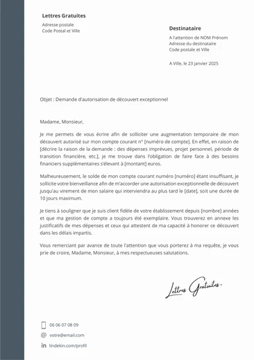 Une lettre de demande d'autorisation de découvert bancaire exceptionnel