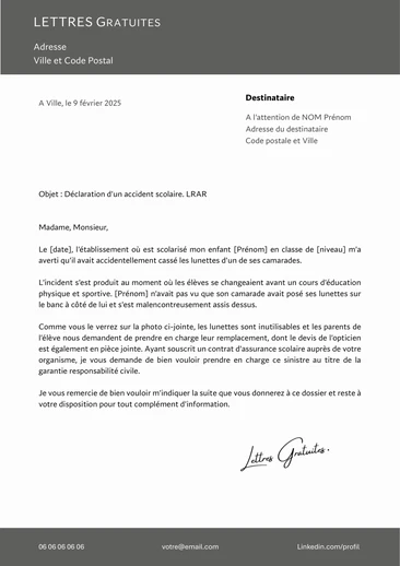 Une lettre de déclaration à l'assurance scolaire