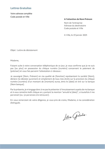 Une lettre de désistement de chèque