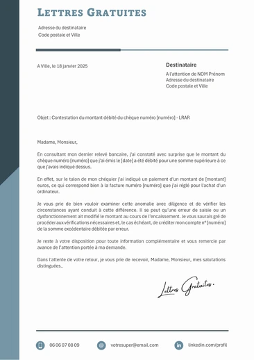 Une lettre de contestation après une erreur de montant d'un chèque