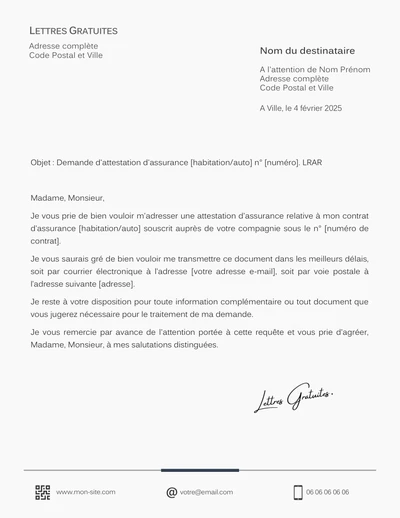 Une lettre de demande d'attestation d'assurance